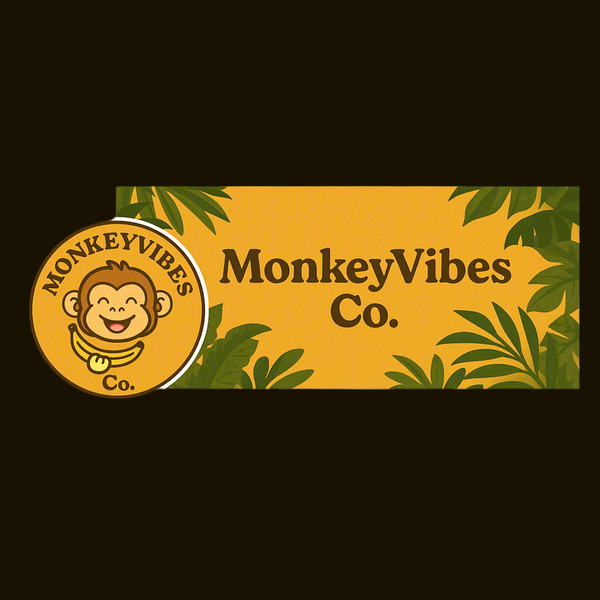MonkeyVibes Co. logo with a monkey illustration on a yellow background with green leaves.
