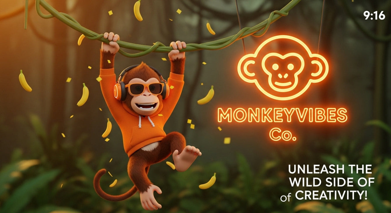 Animated monkey in an orange hoodie with sunglasses hanging from a vine, with 'Monkeyvibes Co.' logo and text in the background.